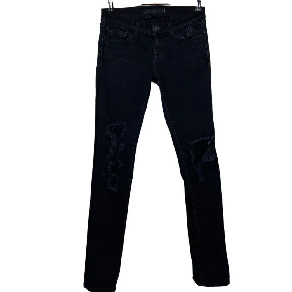 J Brand Low Rise Pencil Leg Torn Jett Black Jean size 25